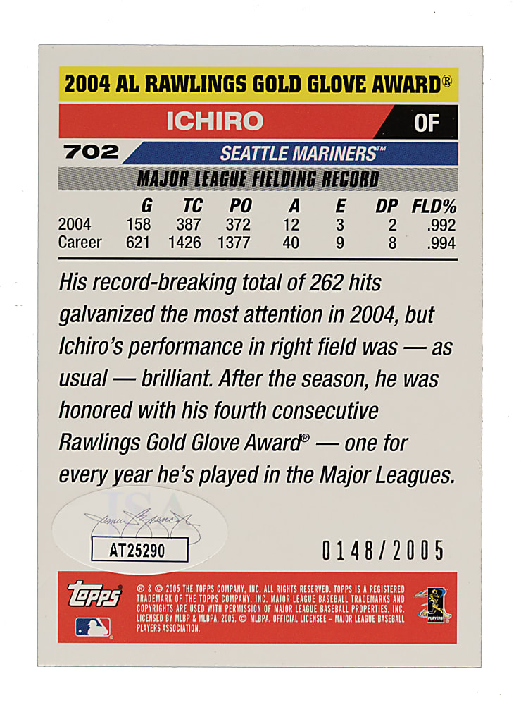 Signed 2005 Topps #702 Ichiro Suzuki Gold #148/2,005 - JSA