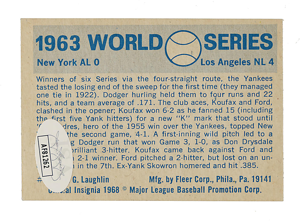 Signed 1970 Fleer World Series #60 Dodgers vs. Yankees with Sandy Koufax - JSA