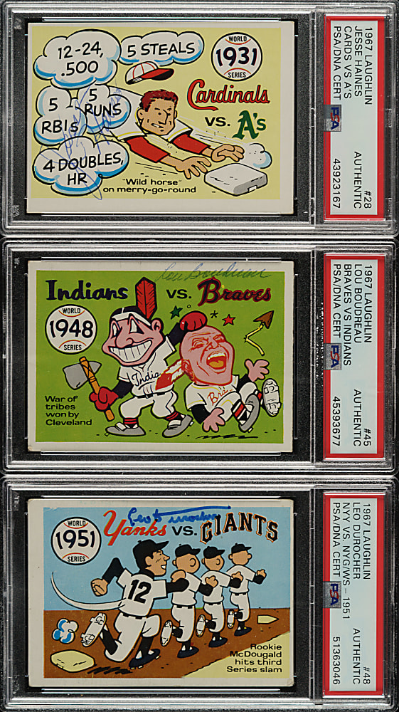 Signed 1970 Fleer World Series Trio: Lou Boudreau, Leo Durocher and Jesse Haines - PSA/DNA
