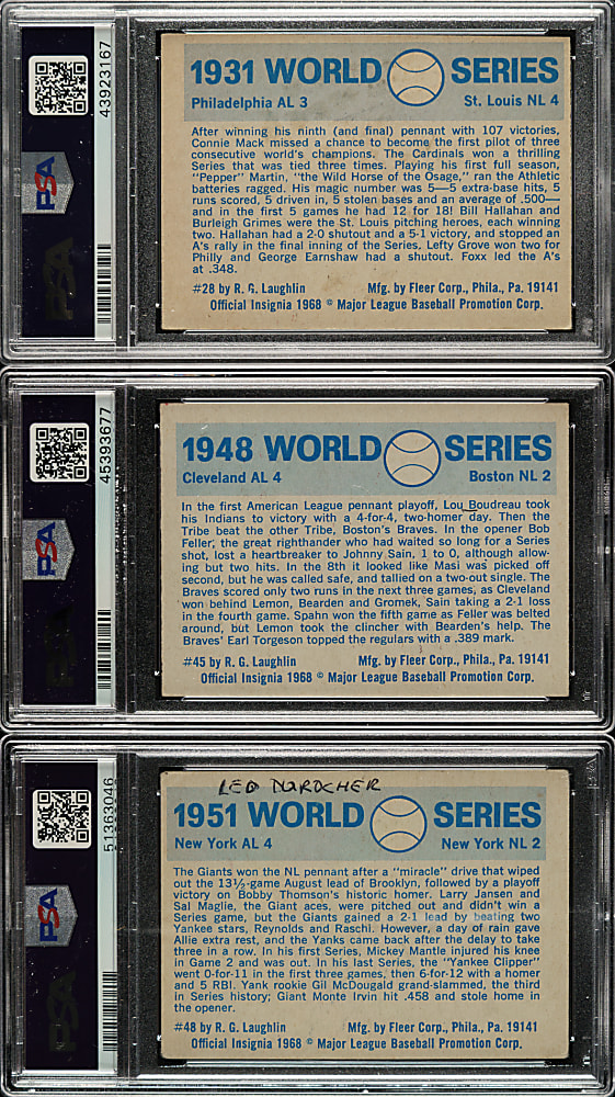 Signed 1970 Fleer World Series Trio: Lou Boudreau, Leo Durocher and Jesse Haines - PSA/DNA