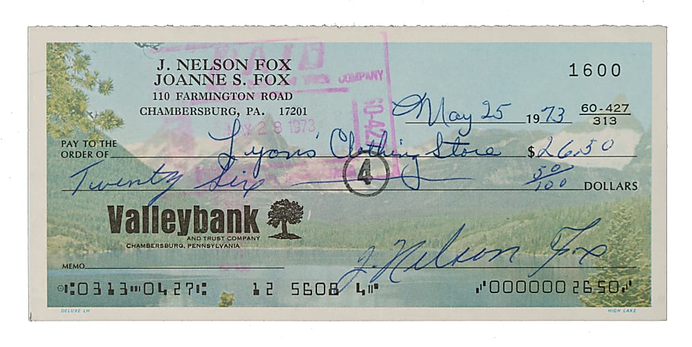 1973 Nellie Fox Signed Check