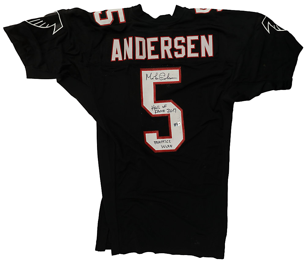 Morten Andersen Signed Atlanta Falcons Jersey with "Hall of Fame 2017" and "Practice Worn" Inscriptions