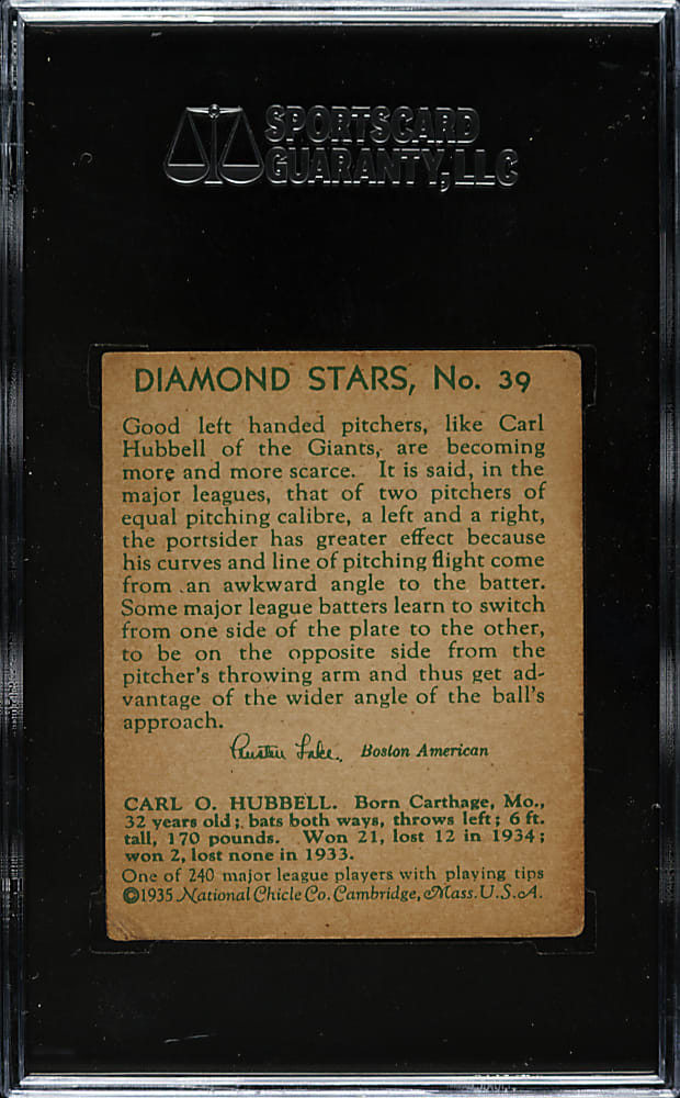 1934-1936 R327 Diamond Stars #39 Carl Hubbell SGC VG/EX 50