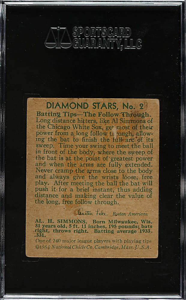 1934-1936 R327 Diamond Stars #2 Al Simmons (1934 Green Back) SGC GOOD 2