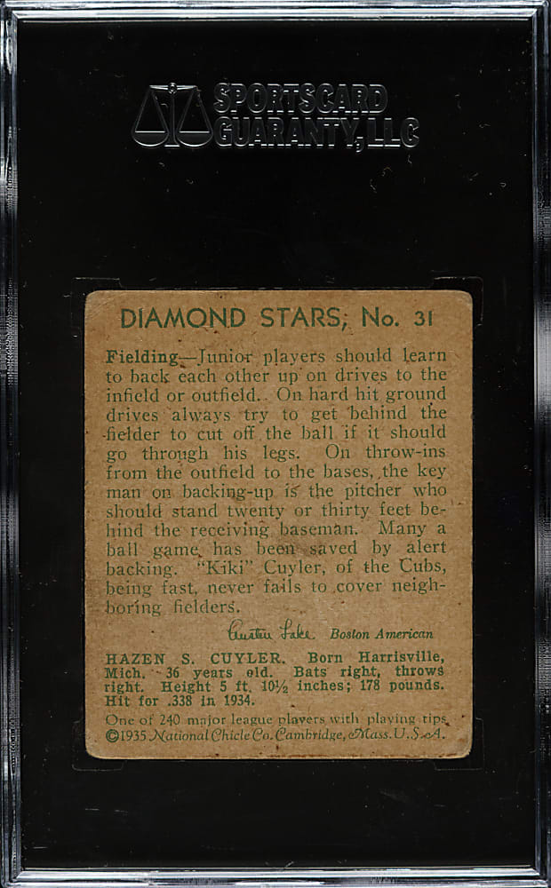 1934-1936 R327 Diamond Stars #31 Kiki Cuyler (1935 Green Back) SGC VG 40