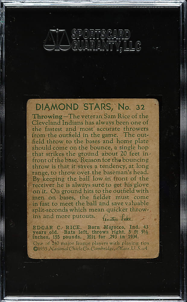 1934-1936 R327 Diamond Stars #32 Sam Rice SGC GOOD 30