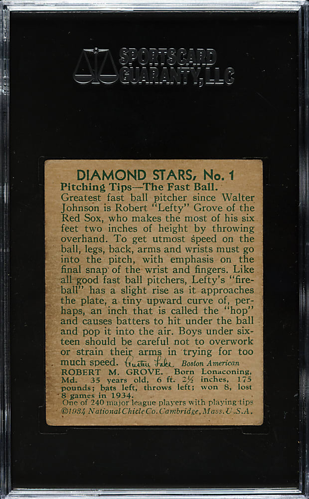 1934-1936 R327 Diamond Stars #1 Lefty Grove (1935 Green Back) SGC FAIR 20