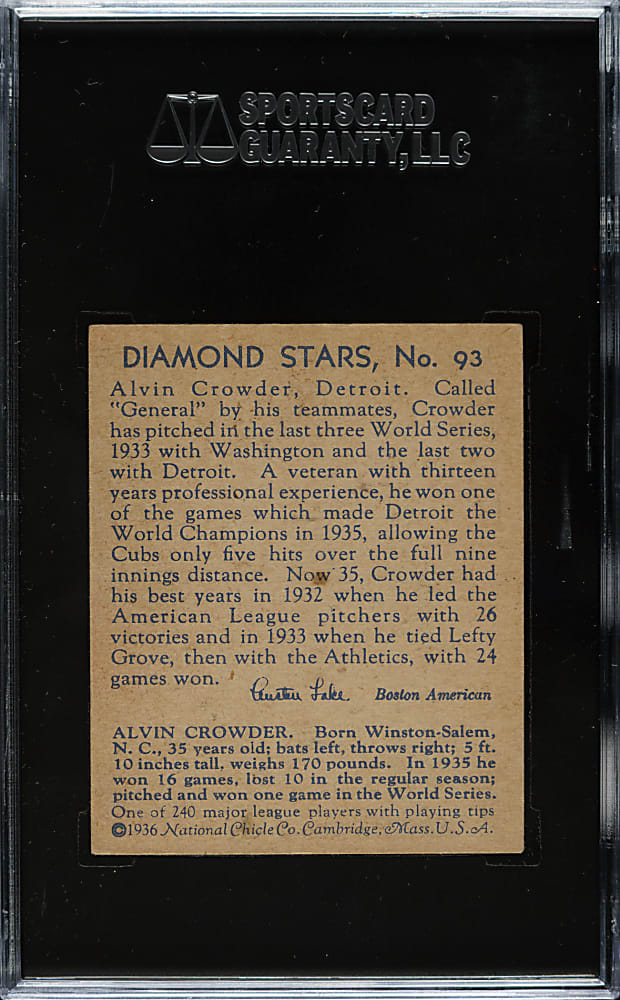 1934-1936 R327 Diamond Stars #93 Alvin Crowder SGC VG/EX 50