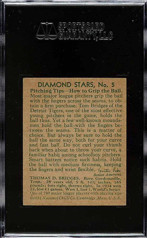 1934-1936 R327 Diamond Stars #5 Tom Bridges (1935 Green Back) SGC EX/NM 80