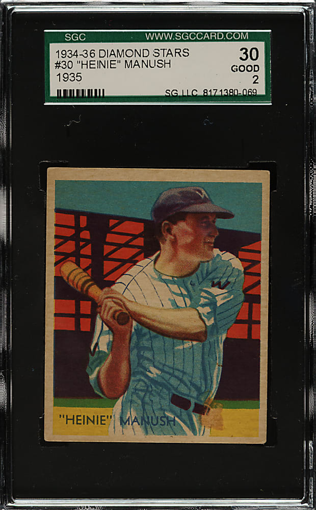 1934-1936 R327 Diamond Stars #30 Heinie Manush "W" on Sleeve (1935 Green Back) SGC GOOD 30