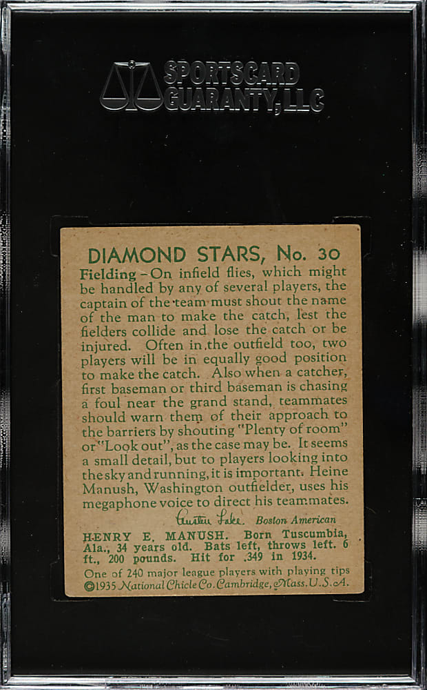 1934-1936 R327 Diamond Stars #30 Heinie Manush "W" on Sleeve (1935 Green Back) SGC GOOD 30