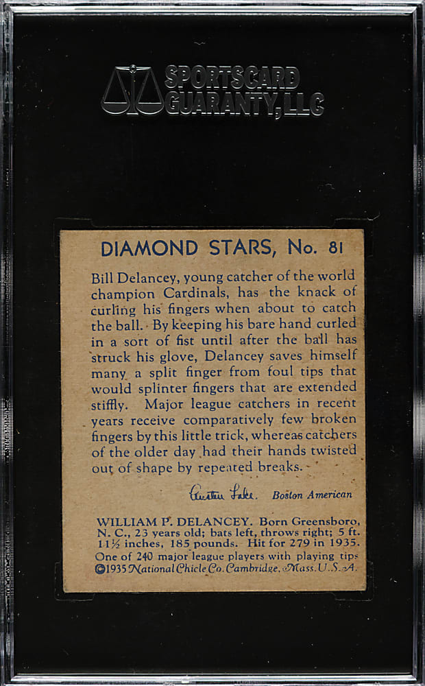 1934-1936 R327 Diamond Stars #81 Bill DeLancey (1936 Blue Back) SGC EX 60