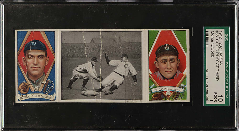 1912 T202 Hassan Triple Folder "Good Play At Third" Ty Cobb/Moriarty SGC POOR 10