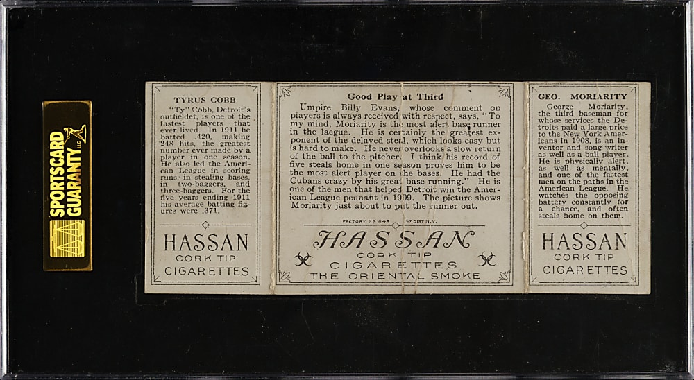 1912 T202 Hassan Triple Folder "Good Play At Third" Ty Cobb/Moriarty SGC POOR 10