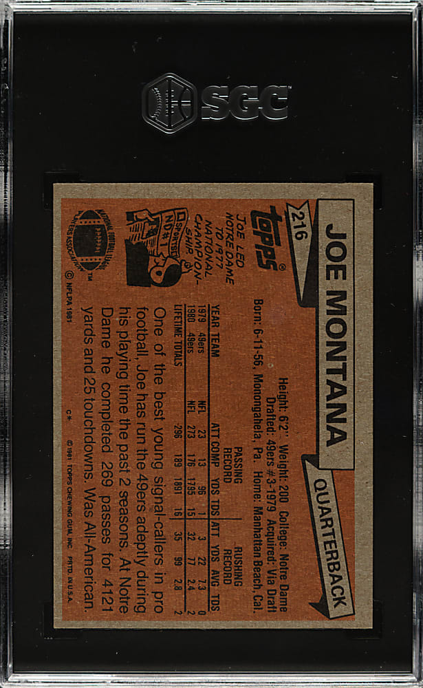 1981 Topps Football #216 Joe Montana Rookie SGC EX/NM+ 6.5