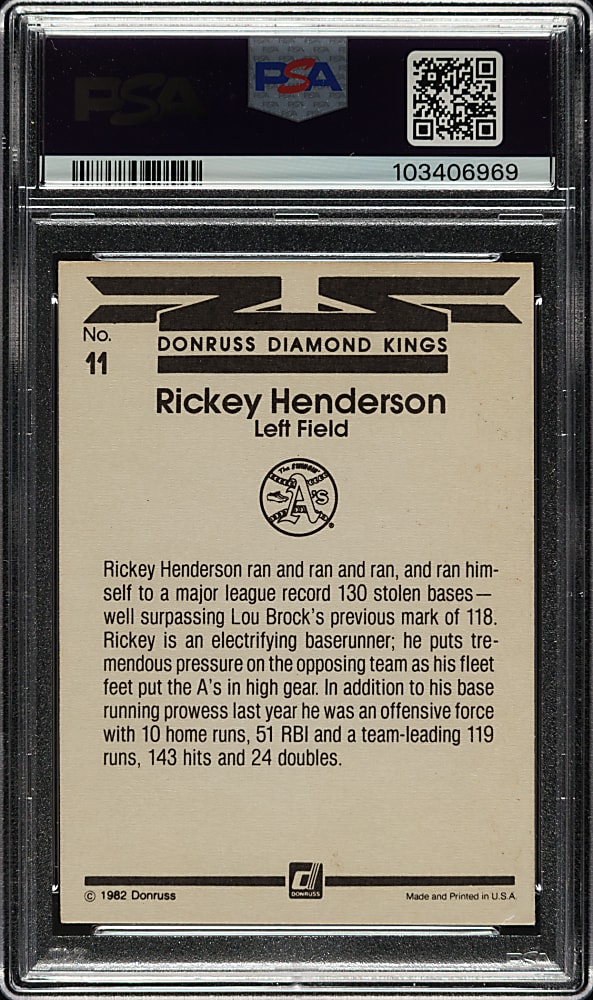 Signed 1983 Donruss Diamond Kings #11 Rickey Henderson PSA NM 7 with GEM MINT 10 Signature