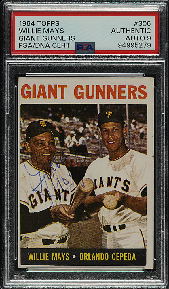 Signed 1964 Topps #306 Giant Gunners with Willie Mays PSA/DNA MINT 9