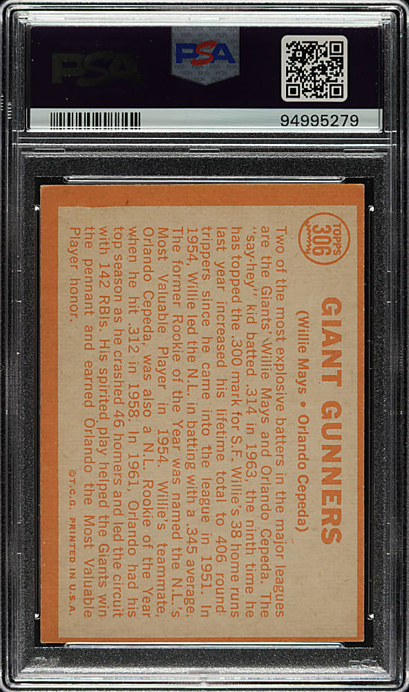 Signed 1964 Topps #306 Giant Gunners with Willie Mays PSA/DNA MINT 9