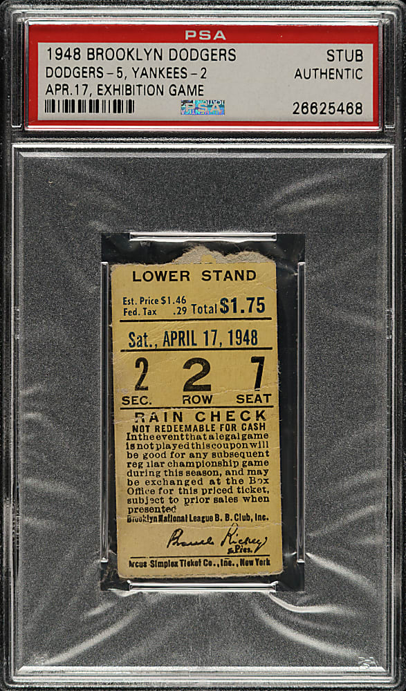 April 17, 1948 Brooklyn Dodgers (vs. New York Yankees) Exhibition Game Ticket Stub PSA Authentic