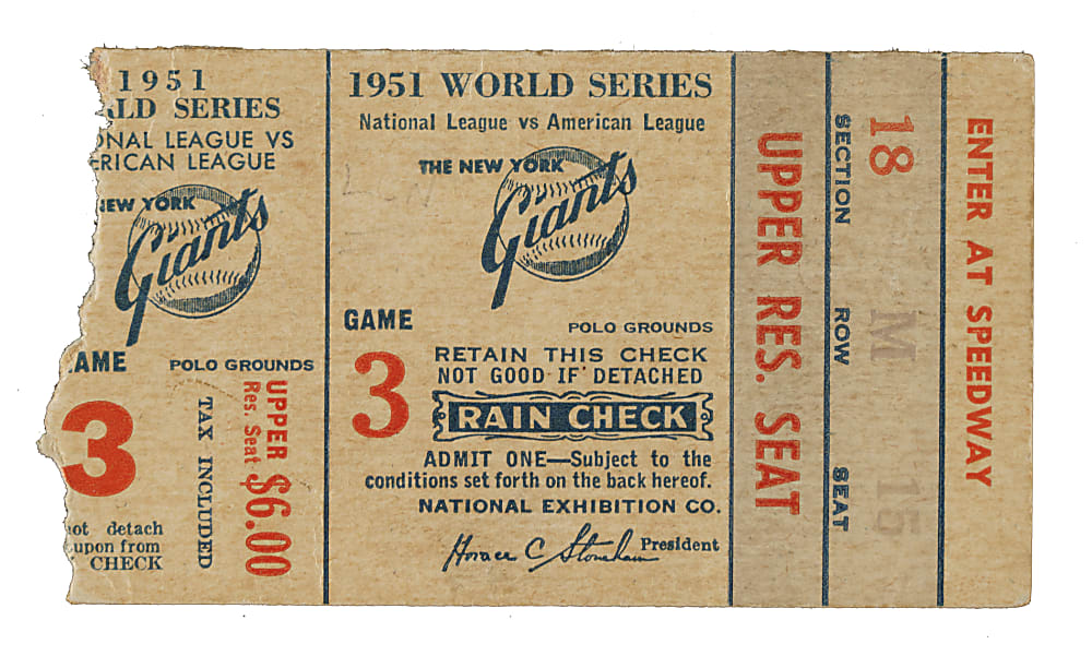1951 New York Giants (vs. New York Yankees) World Series Game 3 Ticket Stub