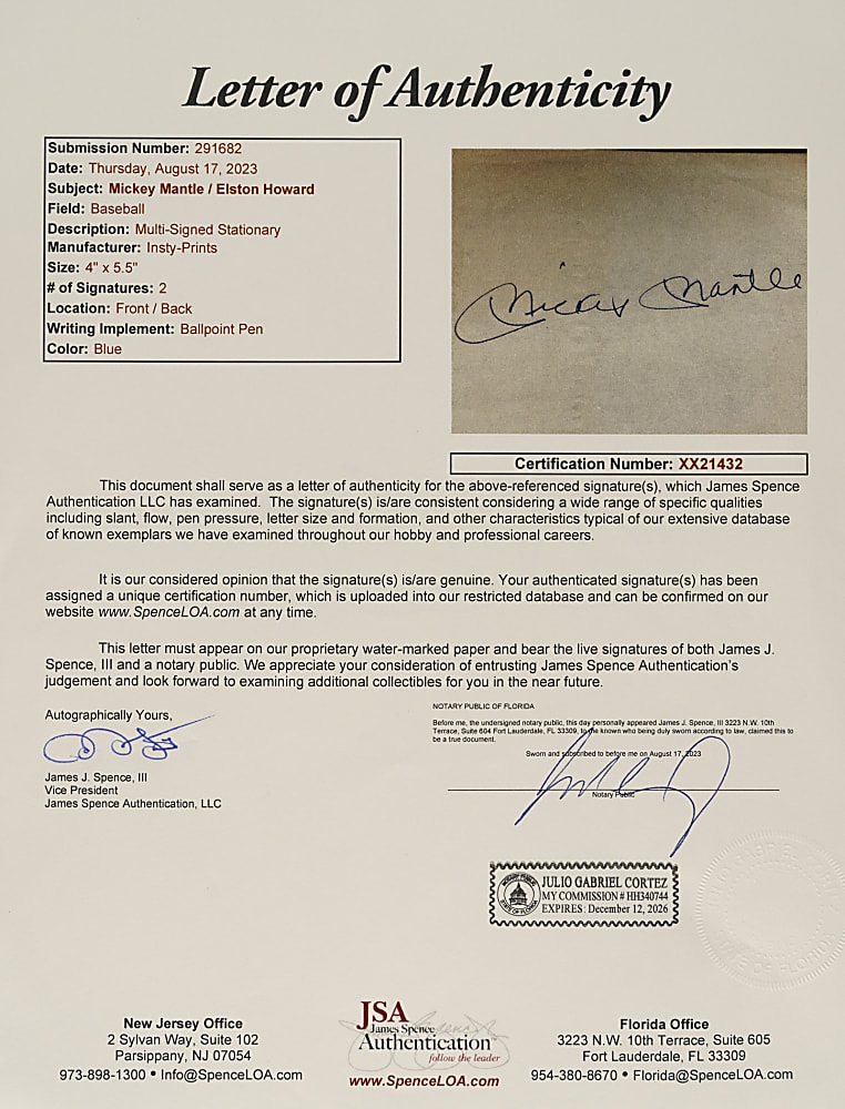 Mickey Mantle and Elston Howard Cut Signature - JSA