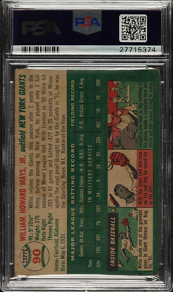 1954 Topps #90 Willie Mays PSA VG 3