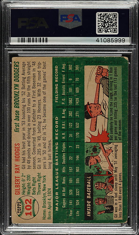 1954 Topps #102 Gil Hodges PSA VG 3
