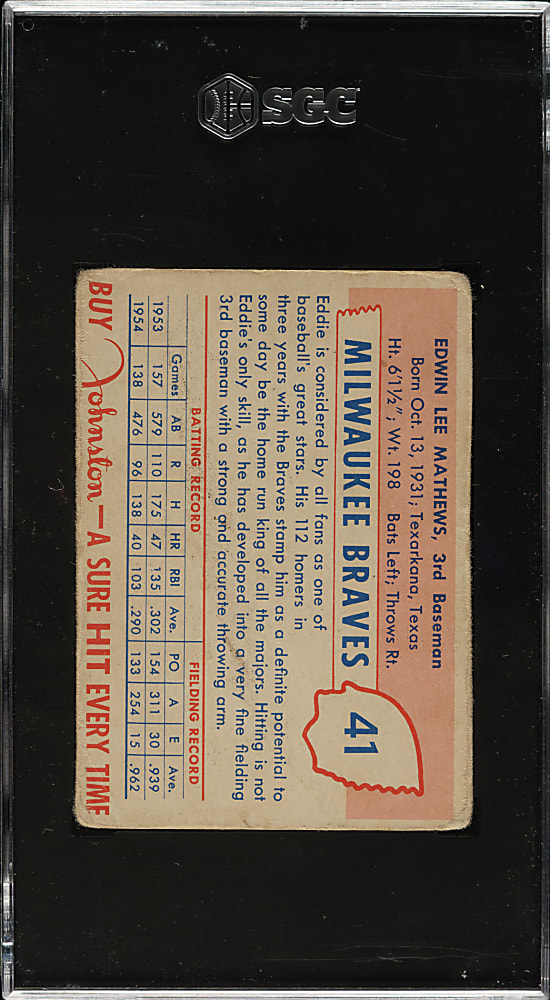 1955 Johnston Cookies #41 Eddie Mathews SGC GOOD 2
