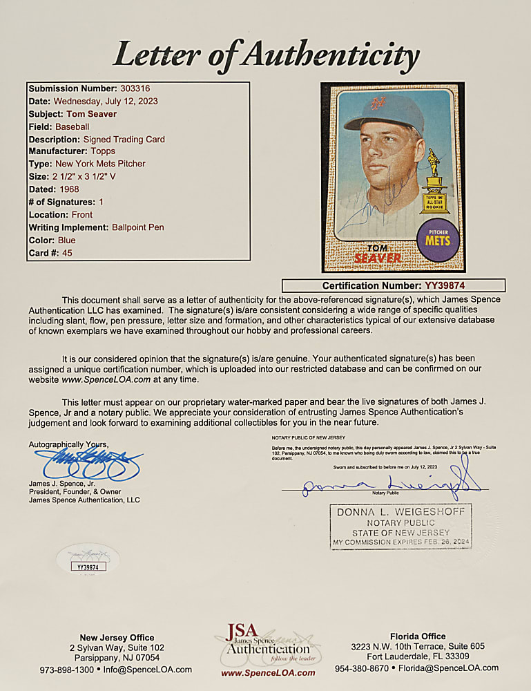 Signed 1968 Topps #45 Tom Seaver - JSA