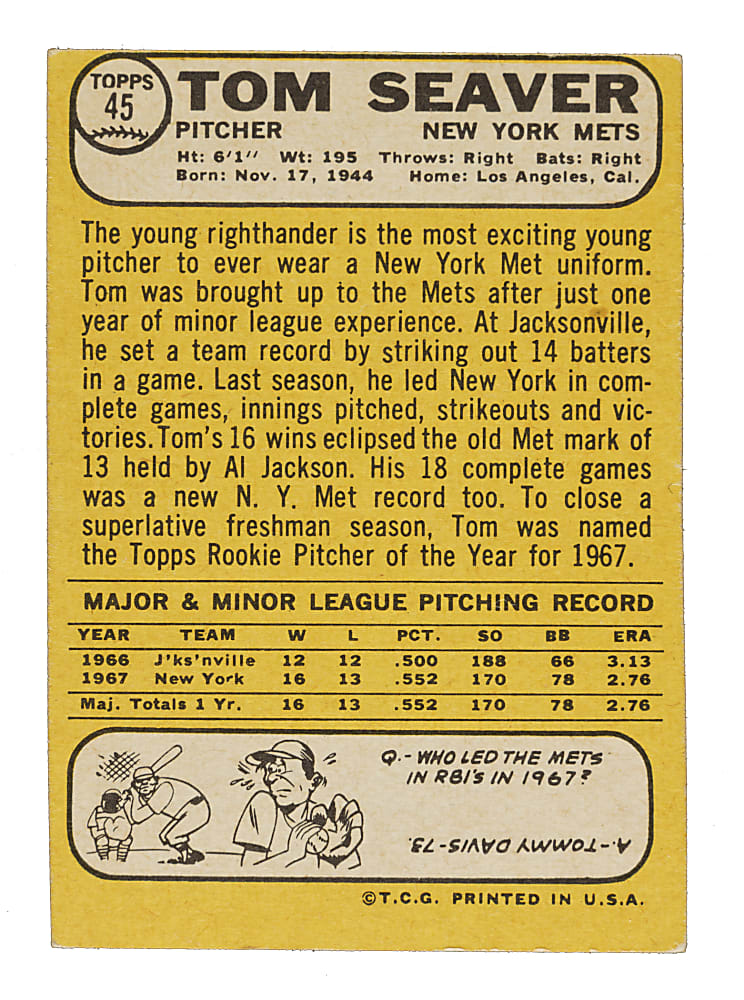 Signed 1968 Topps #45 Tom Seaver - JSA