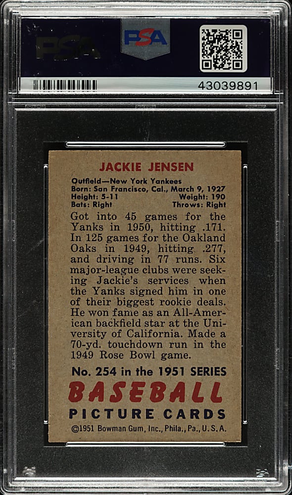 1951 Bowman #254 Jackie Jensen Rookie PSA NM 7
