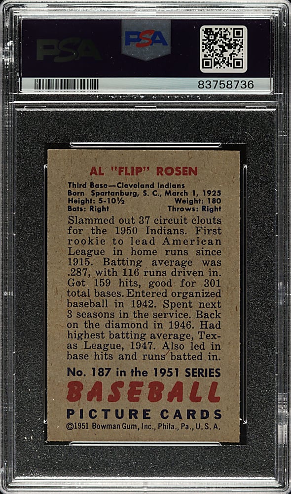 1951 Bowman #187 Al Rosen PSA NM+ 7.5