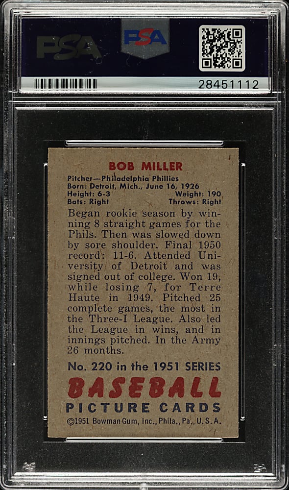1951 Bowman #220 Bob Miller PSA NM+ 7.5