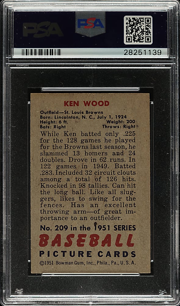 1951 Bowman #209 Ken Wood PSA NM+ 7.5