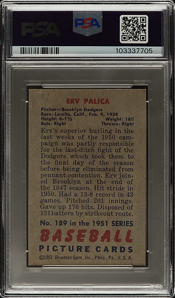 1951 Bowman #189 Erv Palica PSA NM+ 7.5