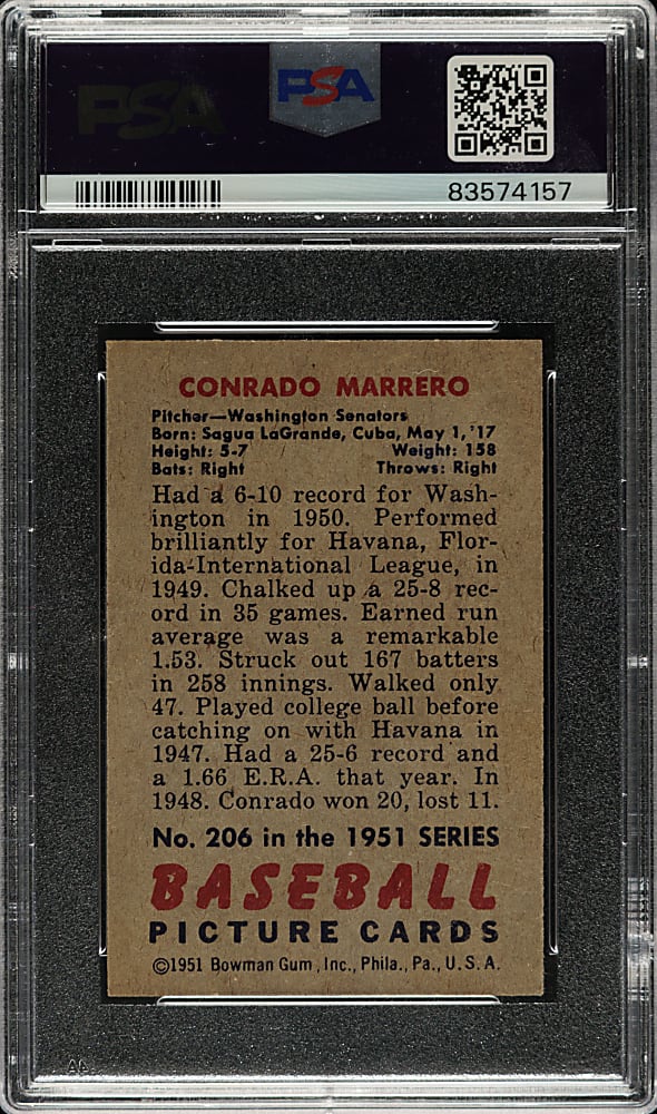 1951 Bowman #206 Connie Marrero PSA NM 7