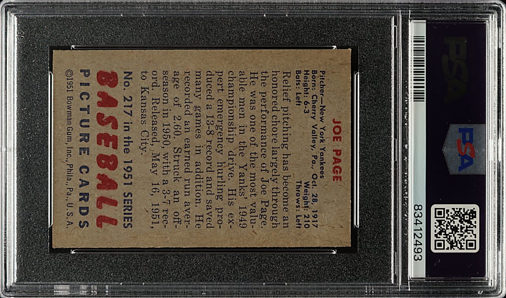 1951 Bowman #217 Joe Page PSA NM 7