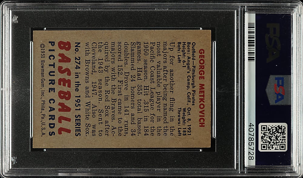 1951 Bowman #274 George Metkovich PSA NM 7