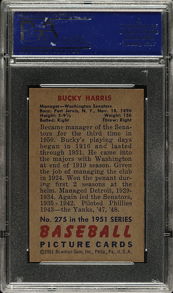 1951 Bowman #275 Bucky Harris PSA NM 7