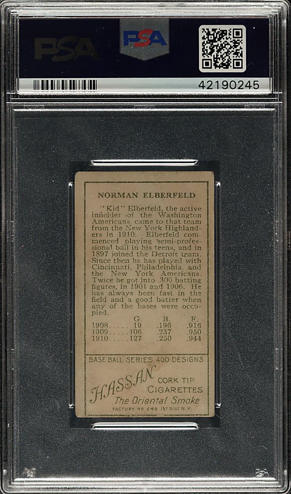 1911 T205 Gold Border Kid Elberfeld PSA VG+ 3.5