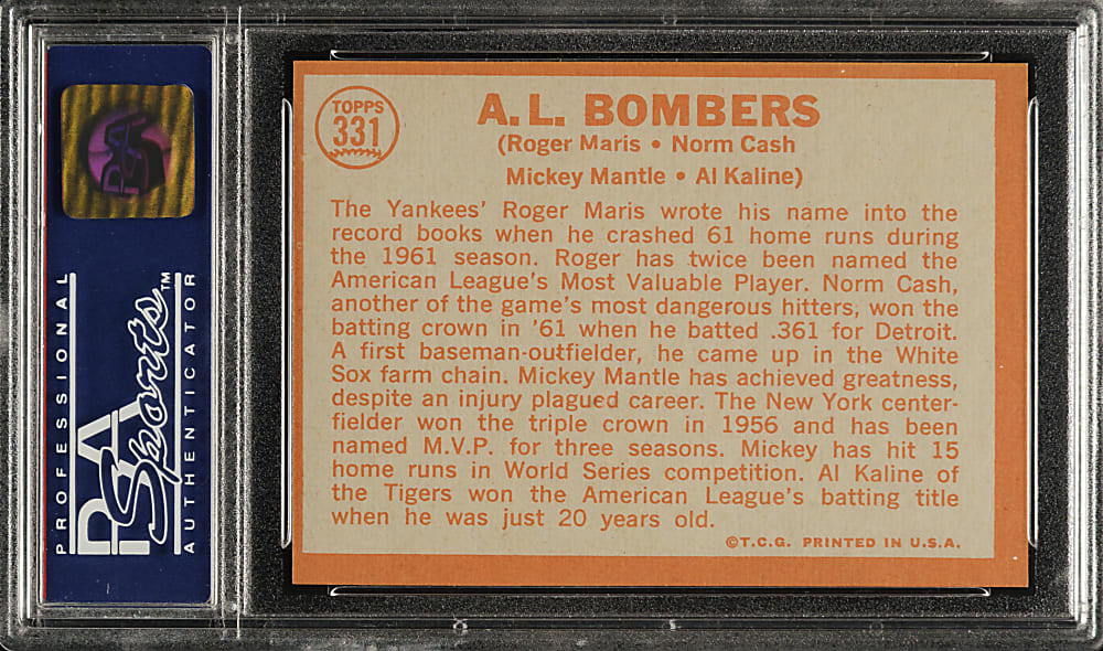 1964 Topps #331 A. L. Bombers with Mantle, Maris, and Kaline PSA NM-MT 8