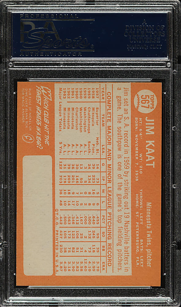 1964 Topps #567 Jim Kaat PSA NM+ 7.5