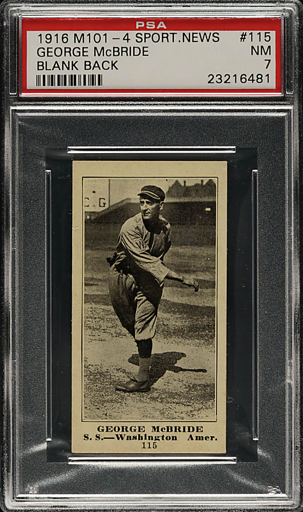 1916 M101-4 Sporting News #115 George McBride Blank Back PSA NM 7