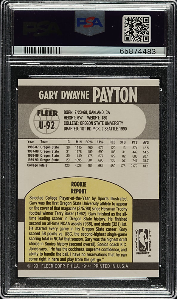 Signed 1990-1991 Fleer Update Basketball #U-92 Gary Payton Rookie PSA MINT 9 with GEM MINT 10 Signature