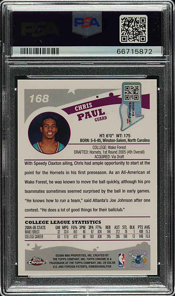 Signed 2005-2006 Topps Chrome Basketball #168 Chris Paul Rookie PSA/DNA GEM MINT 10