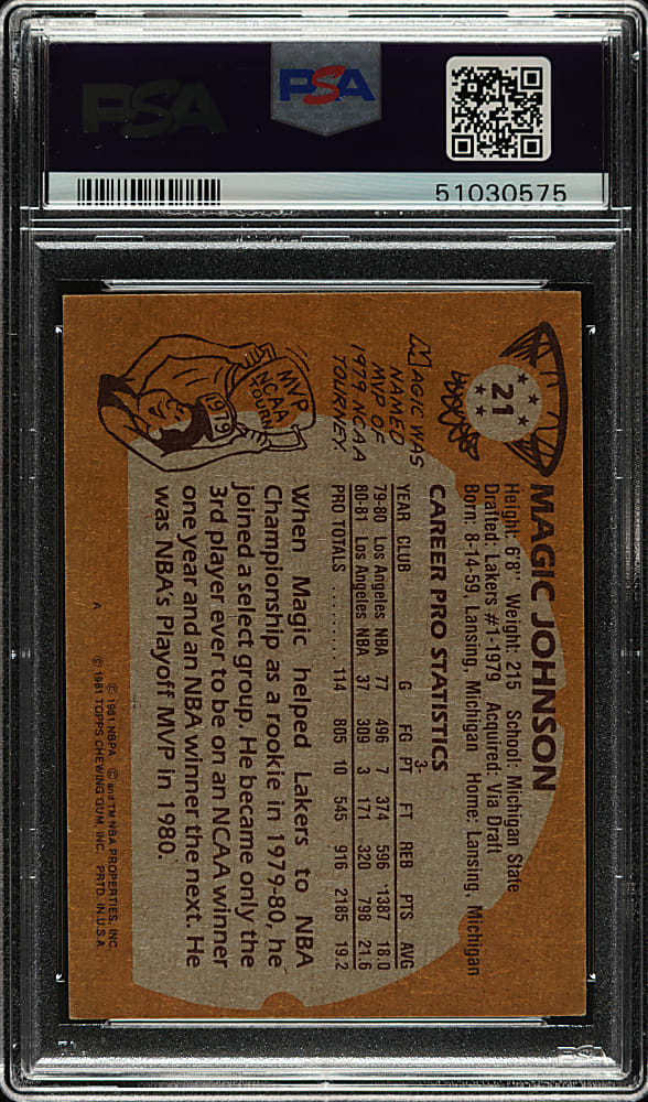 Signed 1981-1982 Topps Basketball #21 Magic Johnson PSA/DNA GEM MINT 10