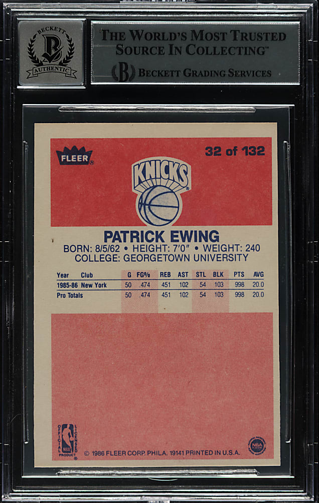Signed 1986-1987 Fleer Basketball #32 Patrick Ewing Rookie Beckett GEM MINT 10 Signature