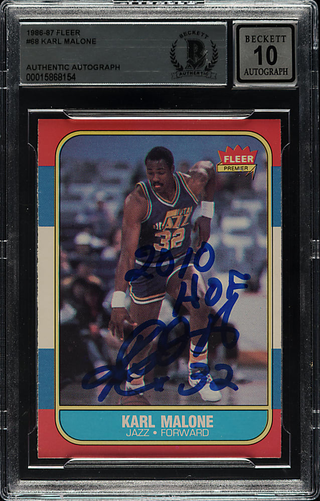 Signed 1986-1987 Fleer Basketball #68 Karl Malone Rookie Beckett GEM MINT 10 Signature