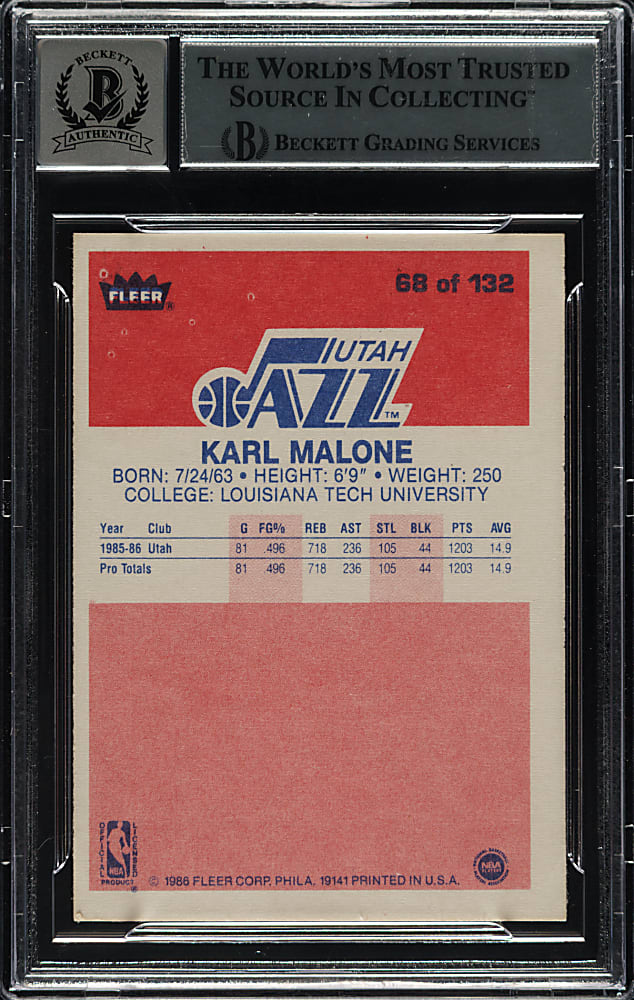 Signed 1986-1987 Fleer Basketball #68 Karl Malone Rookie Beckett GEM MINT 10 Signature
