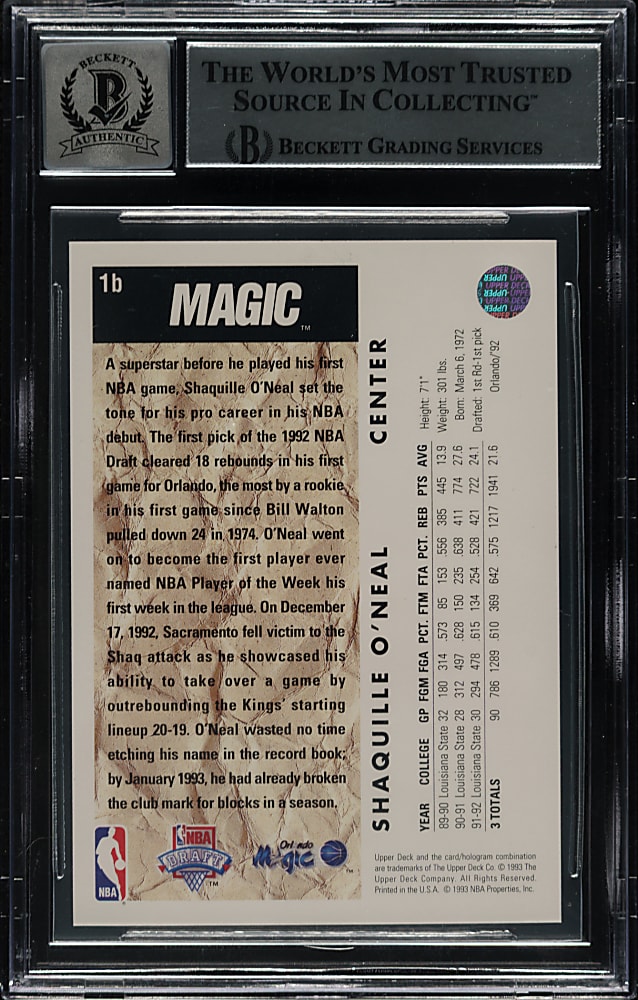 Signed 1992-1993 Upper Deck Basketball #1 Shaquille O'Neal Rookie Beckett GEM MINT 10 Signature